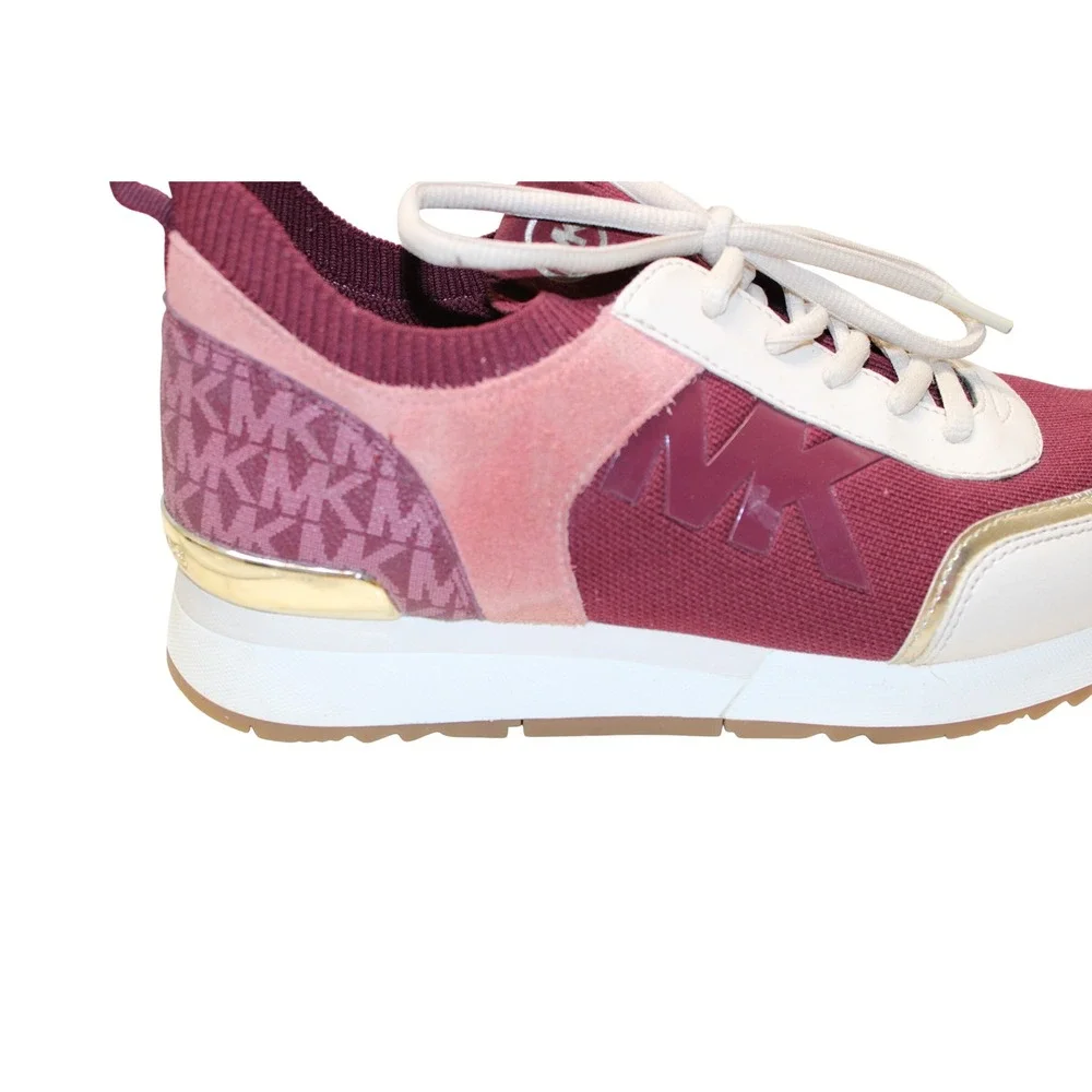 MICHAEL KORS Jenkins Stretch Knit Trainer Womens 8.5 EUC Burgundy Cream Suede - Picture 5 of 8